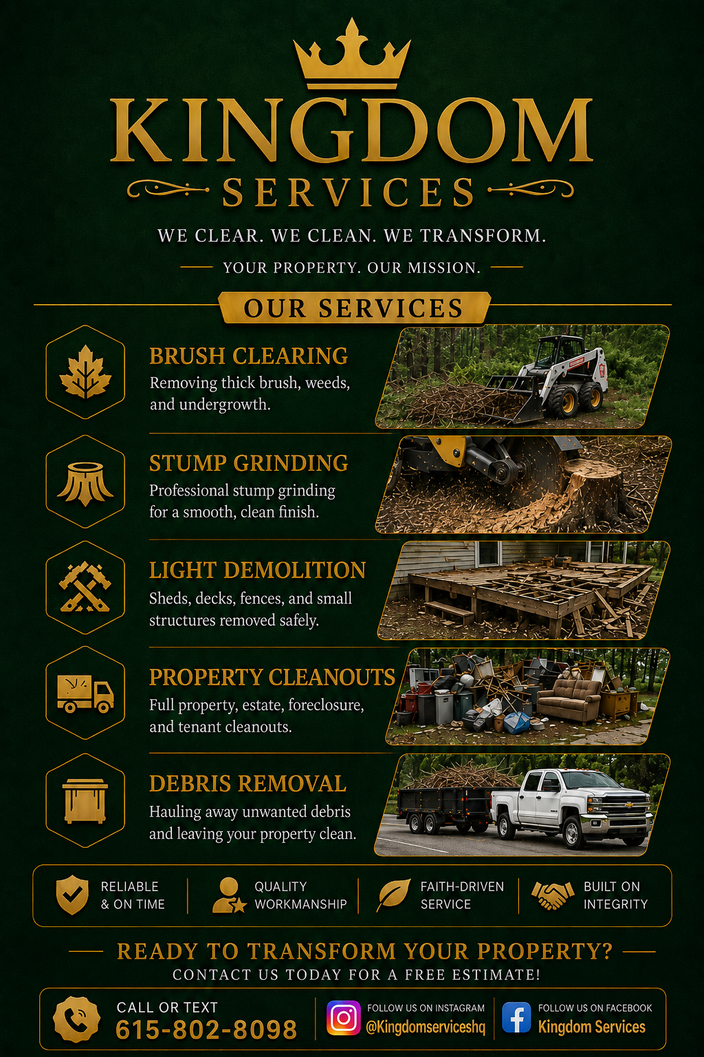 Kingdom Services flyer showing brush clearing, stump grinding, light demolition, property cleanouts, and debris removal